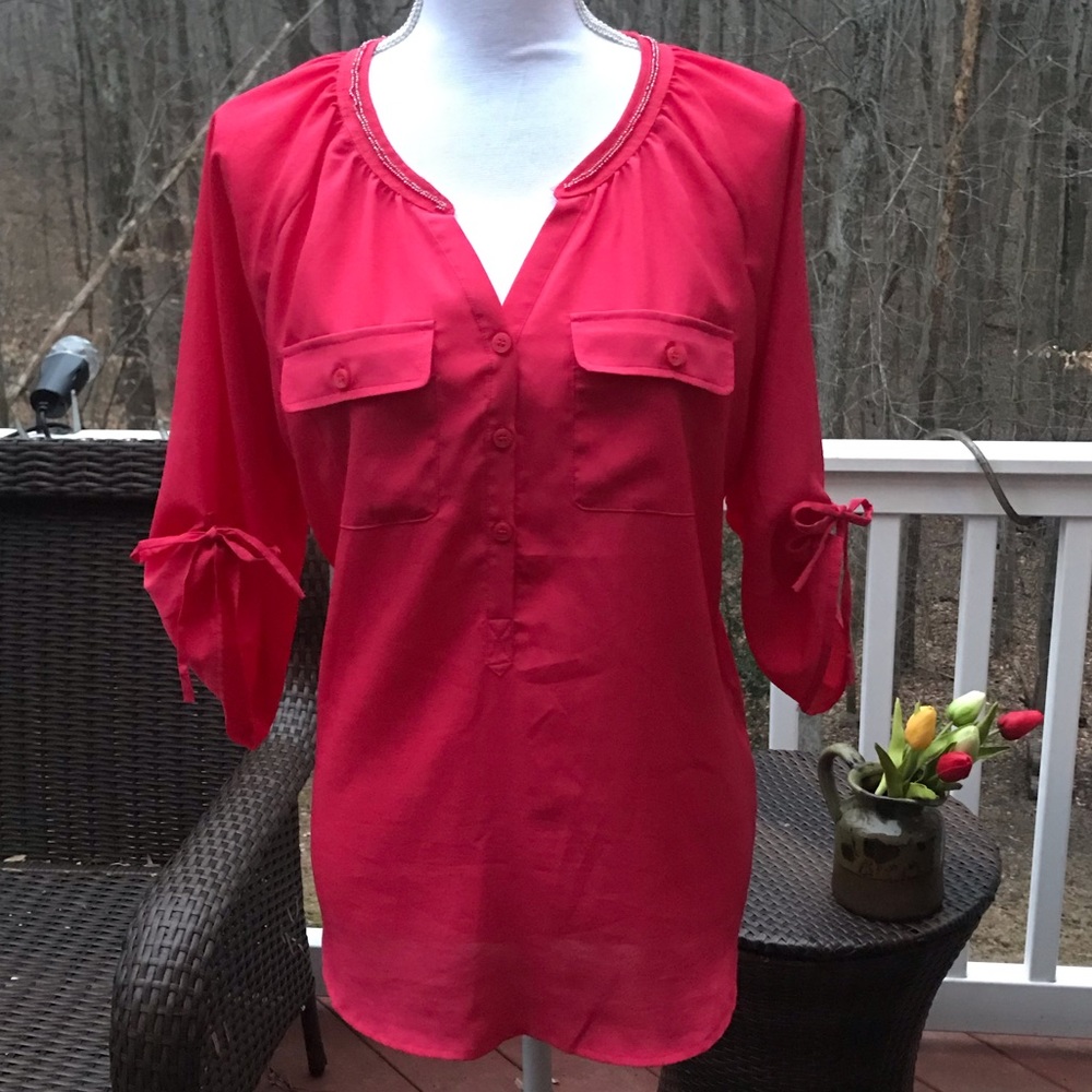 Coral NY&CO 3/4 sleeve beaded blouse